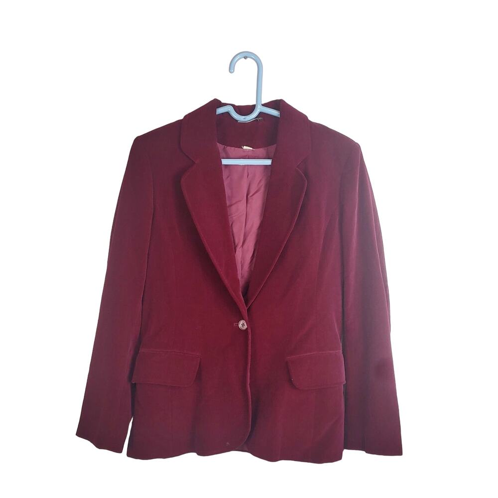 Mulberry Street womens maroon red velvet vintage one button blazer jacket size S